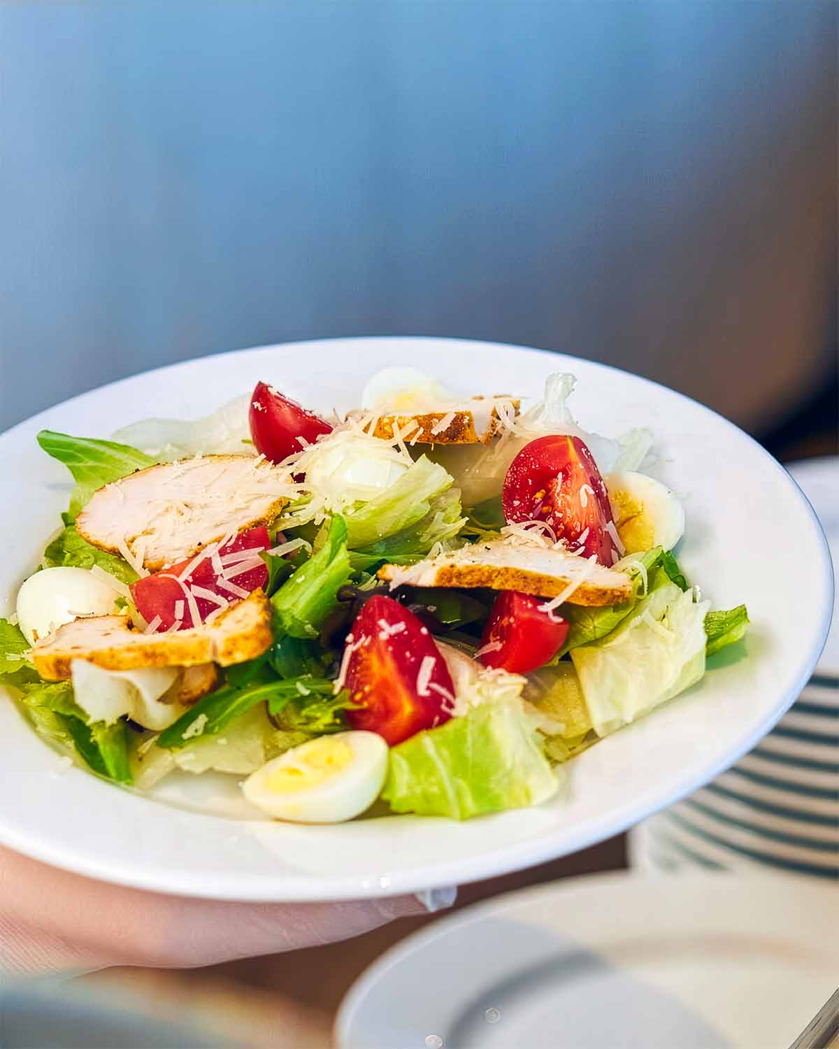 Close up of salad consisting of romaine lettuce, roasted chicken, eggs, tomato and parmesan cheese